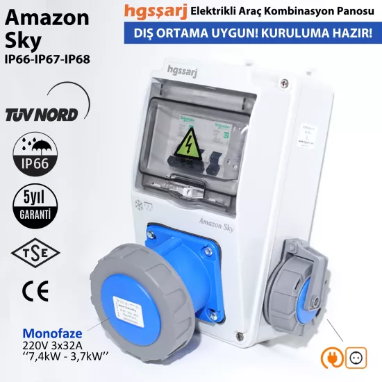 Amazon SKY, IP66-IP67-IP68, Monofaze Elektrikli Araç Kombinasyon Kutusu, Tesla Blue Adaptöre Uyumlu,3x32A + 1x16A - Schneider Marka Sigorta Grubu - 5 Yıl Garanti