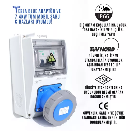 Amazon SKY, IP66-IP67-IP68, Monofaze Elektrikli Araç Kombinasyon Kutusu, Tesla Blue Adaptöre Uyumlu,3x32A + 1x16A - Schneider Marka Sigorta Grubu - 5 Yıl Garanti