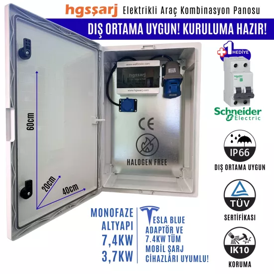 Hgsşarj ’’BluePan’’ 7,4kw Elektrikli Araç Kombinasyon Panosu, Tesla Blue Adaptör Uyumlu, Schneider Sigorta Grubu