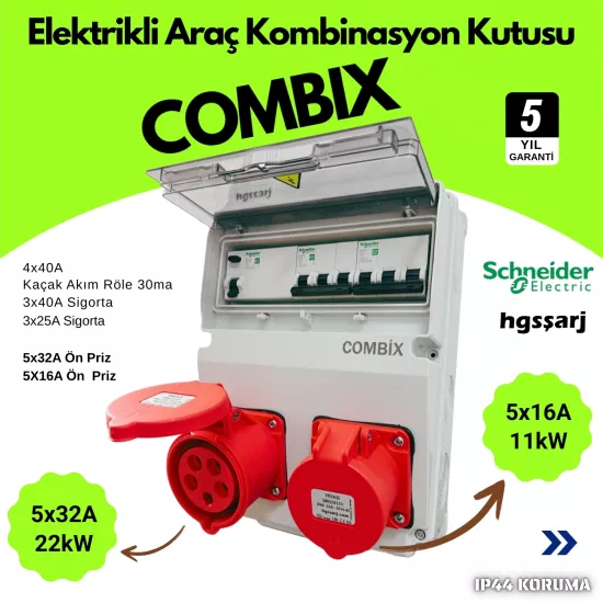 Hgsşarj ’’combix’’ Elektrikli Araç Şarj Kutusu Şarj Cihazı Kombinasyon Kutusu 22KW 11KW Trifaze Kaçak Akım Röle 5X32A + 5X16A ’’schneider’’