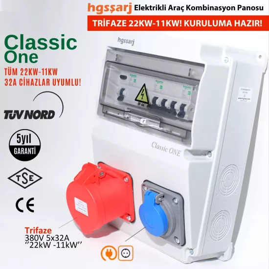 Elektrikli Araç Kombinasyon Kutusu ’’Classic ONE’’ 5x32A + 1x16A - Schneider Marka Sigorta Grubu - 5 Yıl Garanti