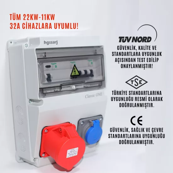 Elektrikli Araç Kombinasyon Kutusu ’’Classic ONE’’ 5x32A + 1x16A - Schneider Marka Sigorta Grubu - 5 Yıl Garanti