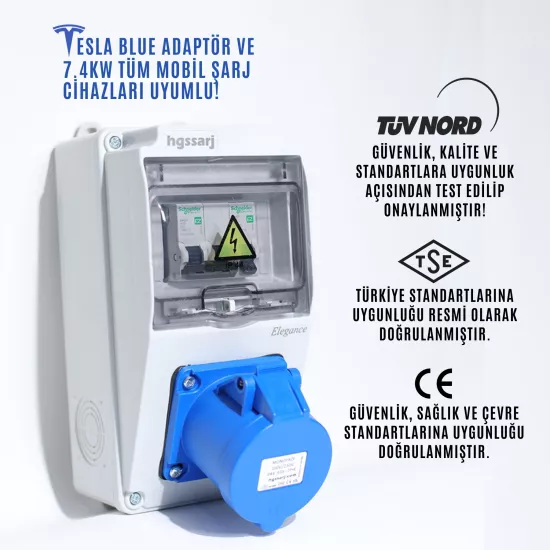 Elektrikli Araç Kombinasyon Kutusu, Tesla Blue Adaptöre Uyumlu,  ’’Elegance’’ 3x32A + 1x16A