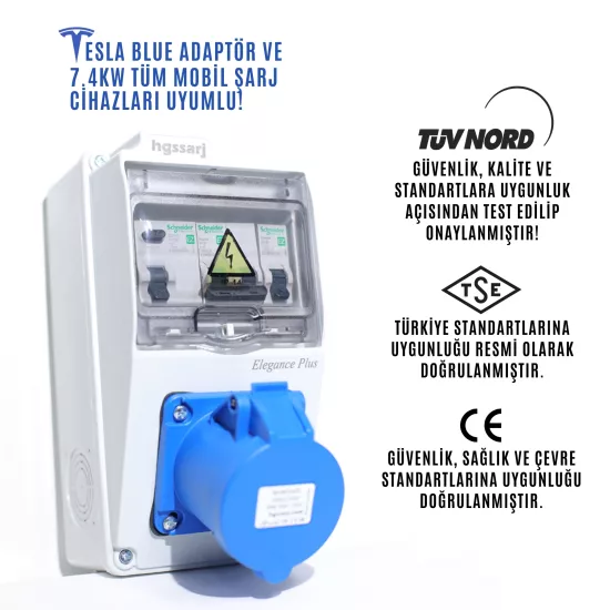 Elektrikli Araç Kombinasyon Kutusu, Tesla Blue Adaptöre Uyumlu, ’’Elegance PLUS’’ +Kaçak Akım Rölesi