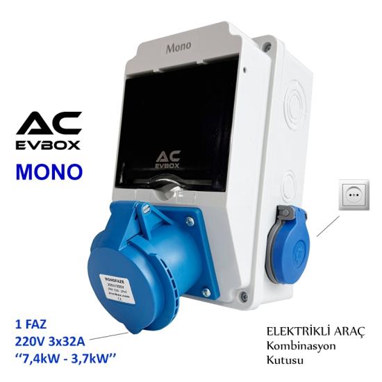 AcEvBox, Mono Kombinasyon Kutusu- Monofaze Altyapıya Uygun, Tesla Blue Adap. ve 7,4 Mobil Cihazlara Uyumlu