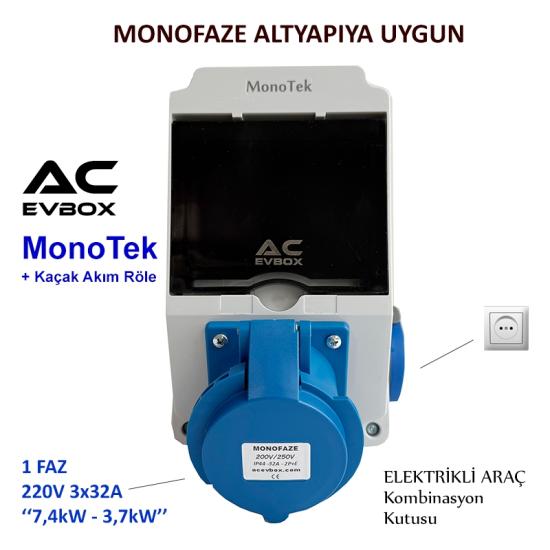 AcEvBox, MonoTek Kombinasyon Kutusu- Monofaze Altyapıya Uygun, +Kaçak Akım Röle, Tesla Blue Adap. ve 7,4 Mobil Cihazlara Uyumlu. 