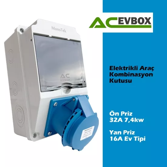 AcEvBox, MonoTek Kombinasyon Kutusu- Monofaze Altyapıya Uygun, +Kaçak Akım Röle, Tesla Blue Adap. ve 7,4 Mobil Cihazlara Uyumlu. 