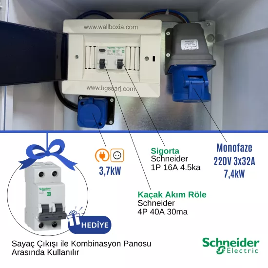 Hgsşarj ’’BluePan’’ 7,4kw Elektrikli Araç Kombinasyon Panosu, Tesla Blue Adaptör Uyumlu, Schneider Sigorta Grubu