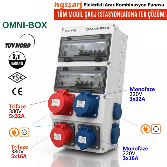 OMNI-BOX Elektrikli Araç Kombinasyon Kutusu 5x32A + 3x32A + 5x16 + 3x16 1x16A - Tüm Mobil Şarj İstasyonlarına Tek Çözüm