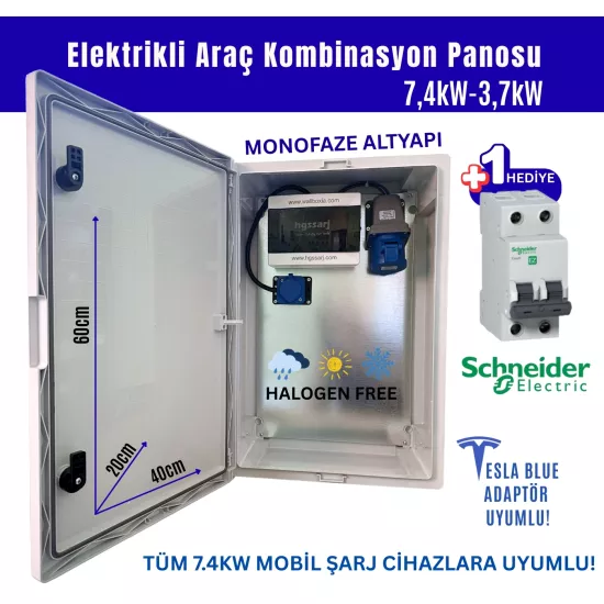 Hgsşarj ’’BluePan’’ 7,4kw Elektrikli Araç Kombinasyon Panosu, Tesla Blue Adaptör Uyumlu, Schneider Sigorta Grubu