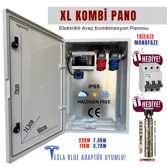 Hgsşarj ’’xlkombi’’ 5X32A + 3X32A + 1X16A 22KW Trifaze 7kw Monofaze Elektrikli Araç Kombinasyon Panosu Tesla Blue Adaptör Uyumlu