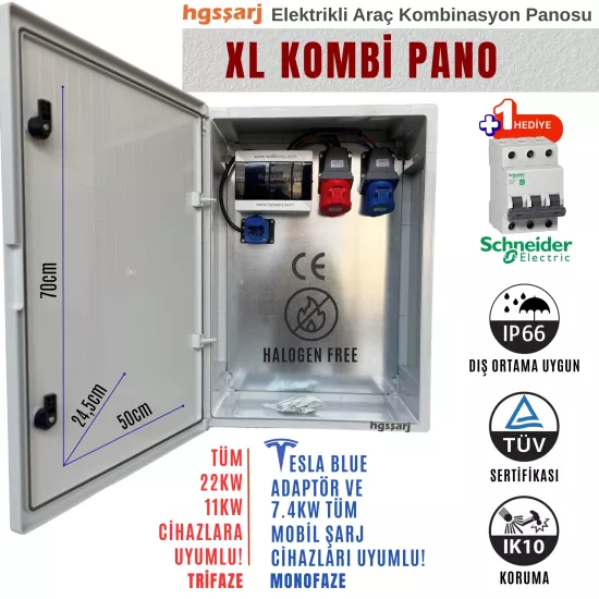 Hgsşarj ’’xlkombi’’ 5X32A + 3X32A + 1X16A 22KW Trifaze 7kw Monofaze Elektrikli Araç Kombinasyon Panosu Tesla Blue Adaptör Uyumlu