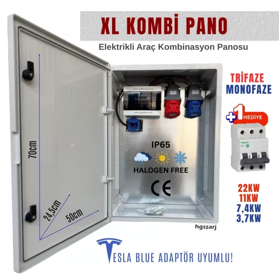 Hgsşarj ’’xlkombi’’ 5X32A + 3X32A + 1X16A 22KW Trifaze 7kw Monofaze Elektrikli Araç Kombinasyon Panosu Tesla Blue Adaptör Uyumlu