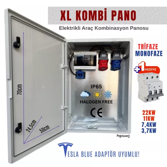 Hgsşarj ’’xlkombi’’ 5X32A + 3X32A + 1X16A 22KW Trifaze 7kw Monofaze Elektrikli Araç Kombinasyon Panosu Tesla Blue Adaptör Uyumlu