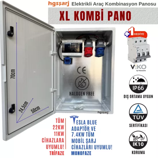 Hgsşarj ’’xlkombi’’ 5X32A + 3X32A + 1X16A 22KW Trifaze 7kw Monofaze Elektrikli Araç Kombinasyon Panosu Tesla Blue Adaptör Uyumlu