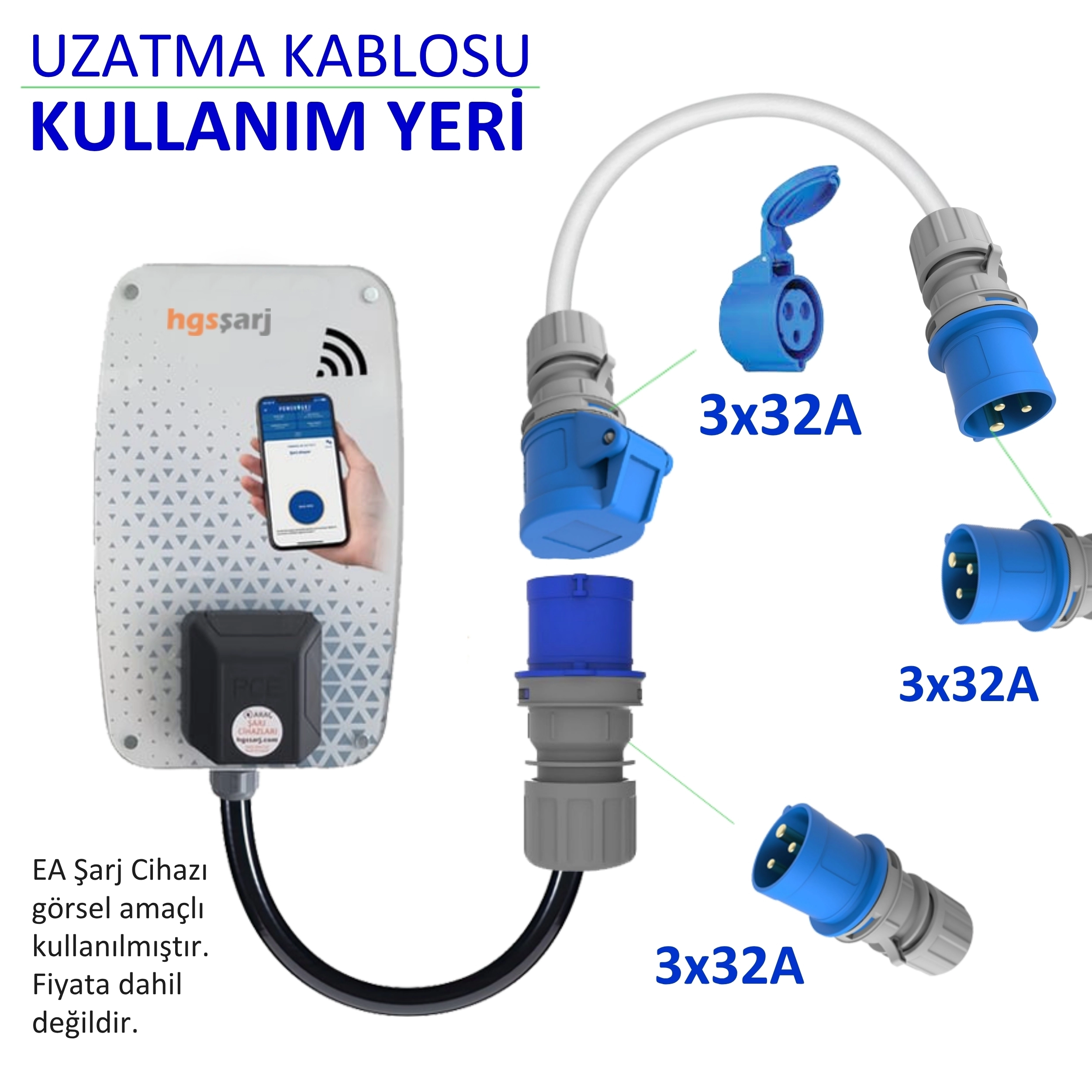Hgsşarj 3X32A (KAPAKLI) - 3X32A FİŞ UZATMA KABLOSU 3X32A 220V Cee ile Çalışan  Cihazınıza Bağlanarak Uzatma Kablosu Görevi Görür