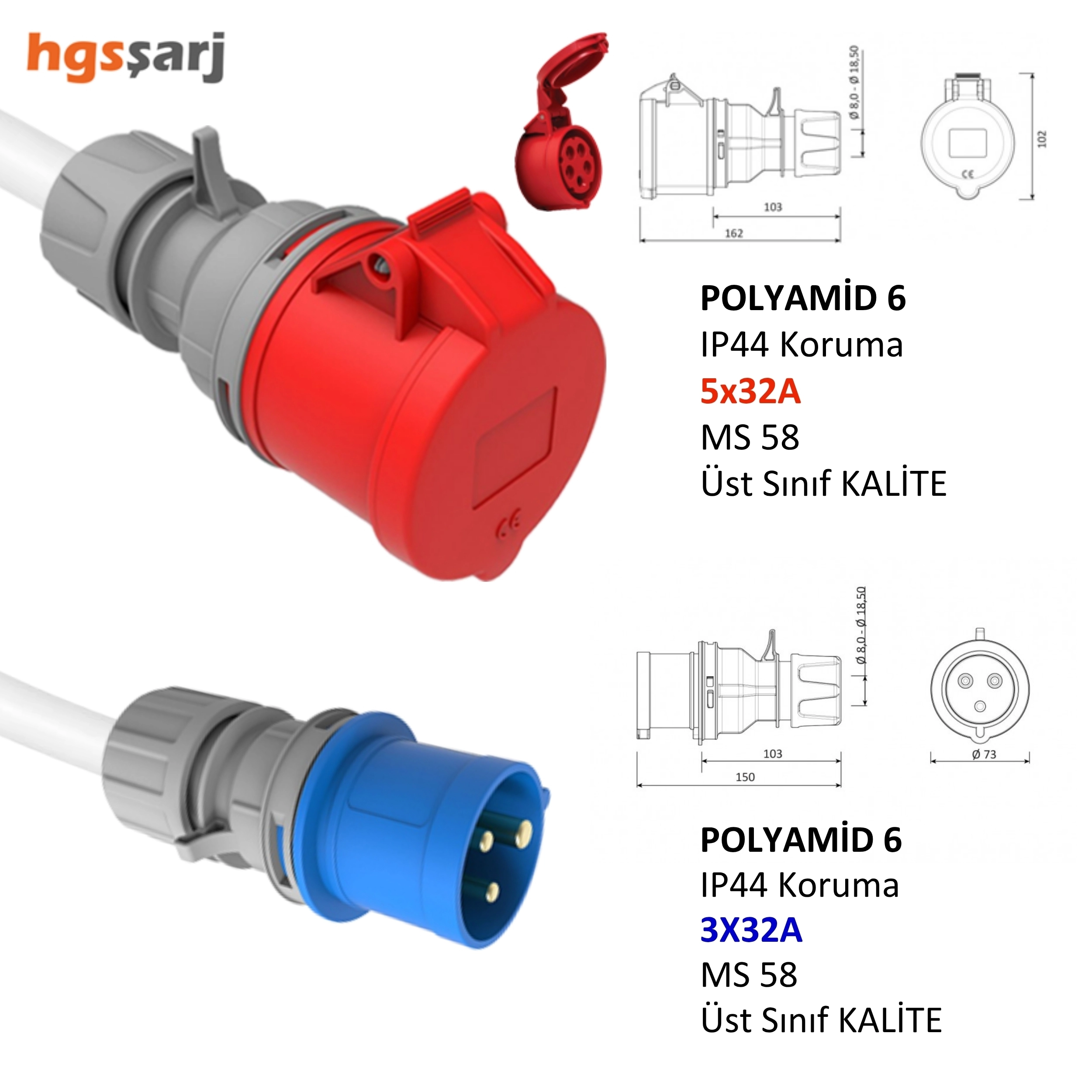 Hgsşarj  5X32A Priz(Kapaklı), 3X32A Fiş Dönüştürücü Adaptör. 3x6 Kablo Kalınlığı, Kablo Prysmian Marka